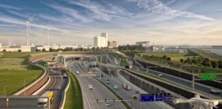 Artists impresesion van het toekomstig Oosterweelknooppunt. Realisatie van het Oosterweelknooppunt en de renovatie van de Royerssluis.