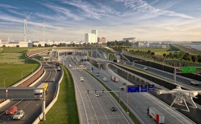 Artists impresesion van het toekomstig Oosterweelknooppunt. Realisatie van het Oosterweelknooppunt en de renovatie van de Royerssluis.