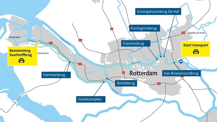 Route Suurhoffbrug door Rotterdam