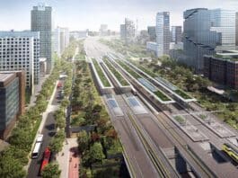 ov-terminal Amsterdam Zuid artists impression van de toekomstige terminal; luchtbeeld