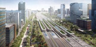 ov-terminal Amsterdam Zuid artists impression van de toekomstige terminal; luchtbeeld