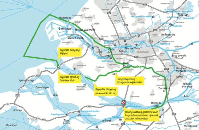 Haringvlietbrug - kaartje omvaarroutes 2023