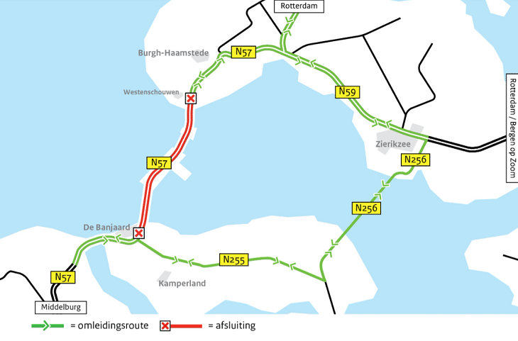 Omleidingskaart bij sluiting van de oosterscheldekering door renovatie van de bewegingswerken