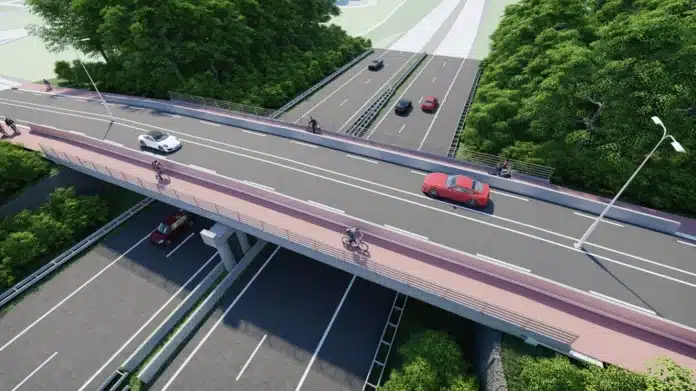 Impressie in vogelperspectief van het circulair viaduct Daelderweg over de A76